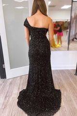 Black Sequin Prom Dresses One Shoulder Long Formal Evening Dresses