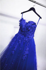 Blue Lace Floral Prom Dresses Tulle Applique Sweetheart Ball Gown Formal Dresses