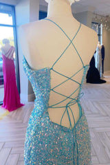 2024 Blue Iridescent Sequin Prom Dresses V Neck Mermaid Graduation Dress Split