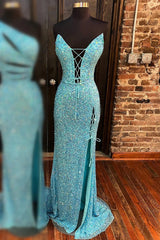 Blue V Neck Sequins Prom Dresses Mermaid Long Evening Dress Lace-Up Front Slit