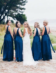 A Line Long Chiffon Blue Bridesmaid Dresses Sleeveless Backless