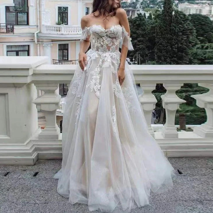 Bohemian Lace Wedding Dresses Tulle Illusion Applique Sweep Train Gown US8 / Custom Color Bohemian Lace Wedding Dresses Tulle Illusion Applique Sweep Train Gown US8 / Custom Color