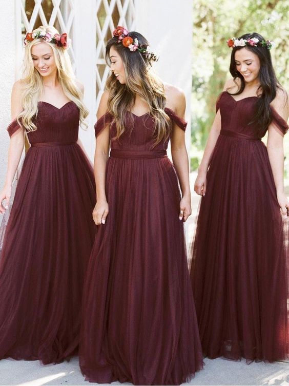 Burgundy Tulle Bridesmaid Dresses Off the Shoulder Wedding Party Dress Burgundy Tulle Bridesmaid Dresses Off the Shoulder Wedding Party Dress