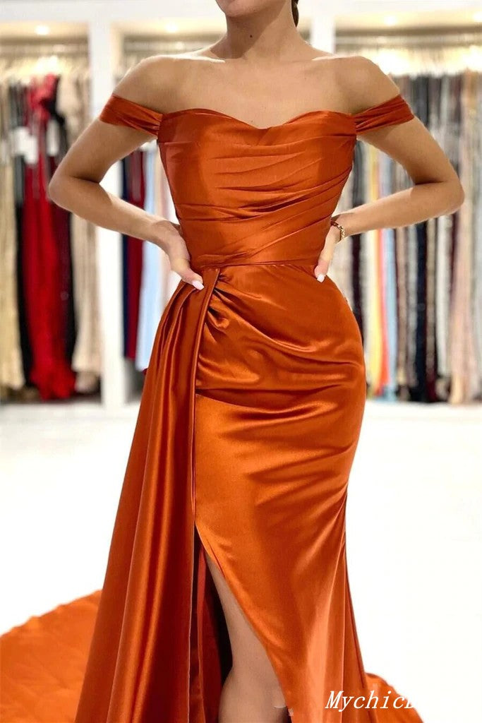 Burnt Orange Wedding Guest Dress Cheap Mermaid Off Shoulder