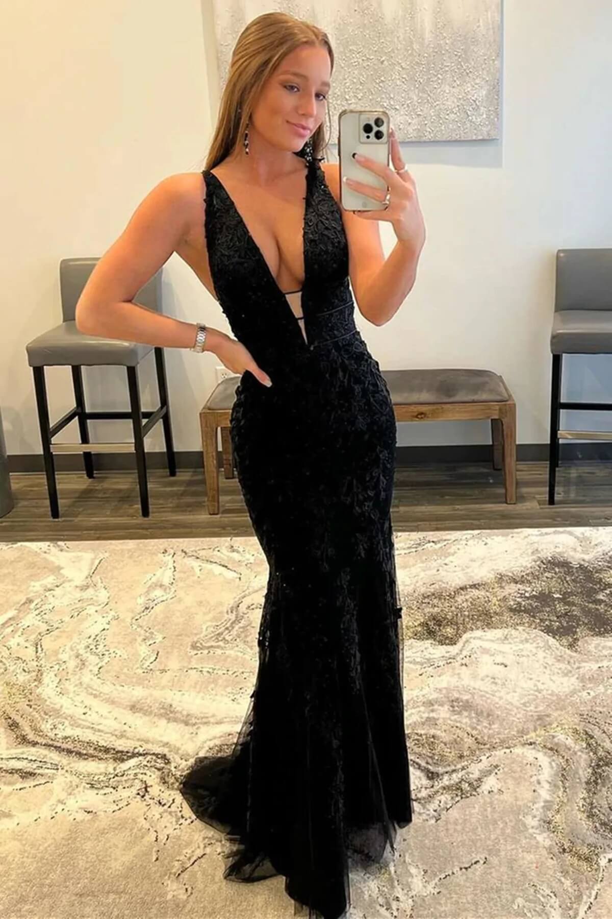Cheap 2025 Long Black Lace Prom Dresses V Neck Backless Mermaid Formal Cheap 2025 Long Black Lace Prom Dresses V Neck Backless Mermaid Formal