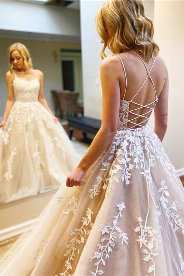 Cheap A Line Champagne Prom Dresses Lace Backless Long Formal Dress Cheap A Line Champagne Prom Dresses Lace Backless Long Formal Dress
