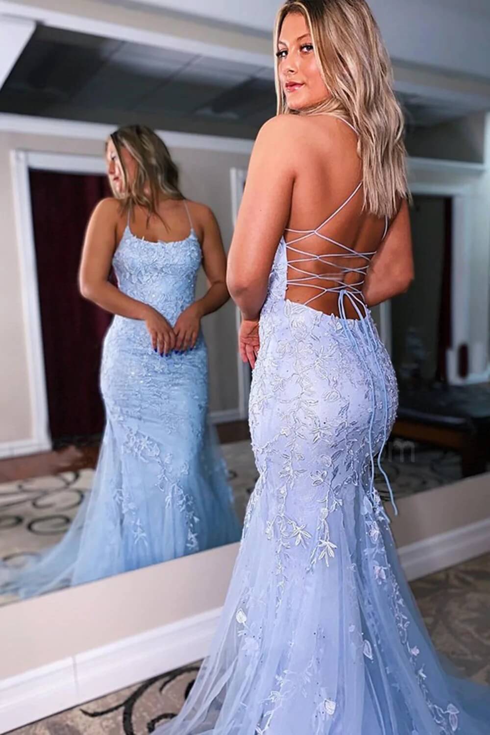 Royal Blue Lace Mermaid Prom Dresses, Sexy Backless Spaghetti Prom Dresses