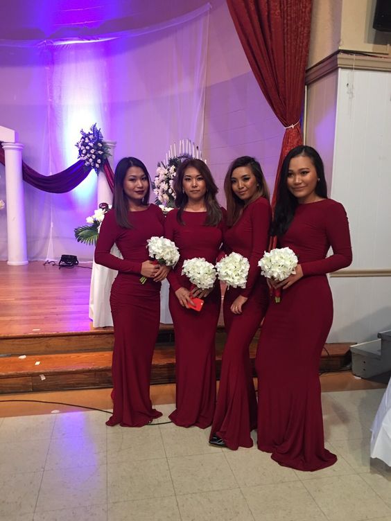 Cheap Long Sleeves Satin Burgundy Bridesmaid Dresses Mermaid Boat Neck Cheap Long Sleeves Satin Burgundy Bridesmaid Dresses Mermaid Boat Neck