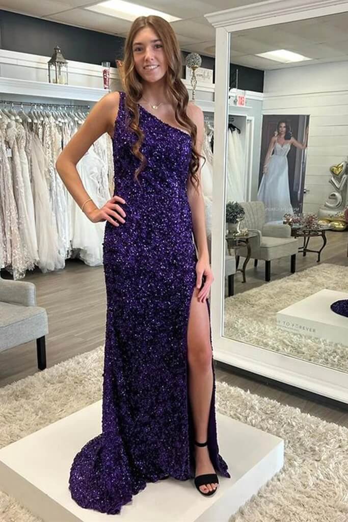 Purple Mermaid Sequin Prom Dresses With Slit One Shoulder Evening Dress FD2937 Purple / US12 Purple Mermaid Sequin Prom Dresses With Slit One Shoulder Evening Dress FD2937 Purple / US12