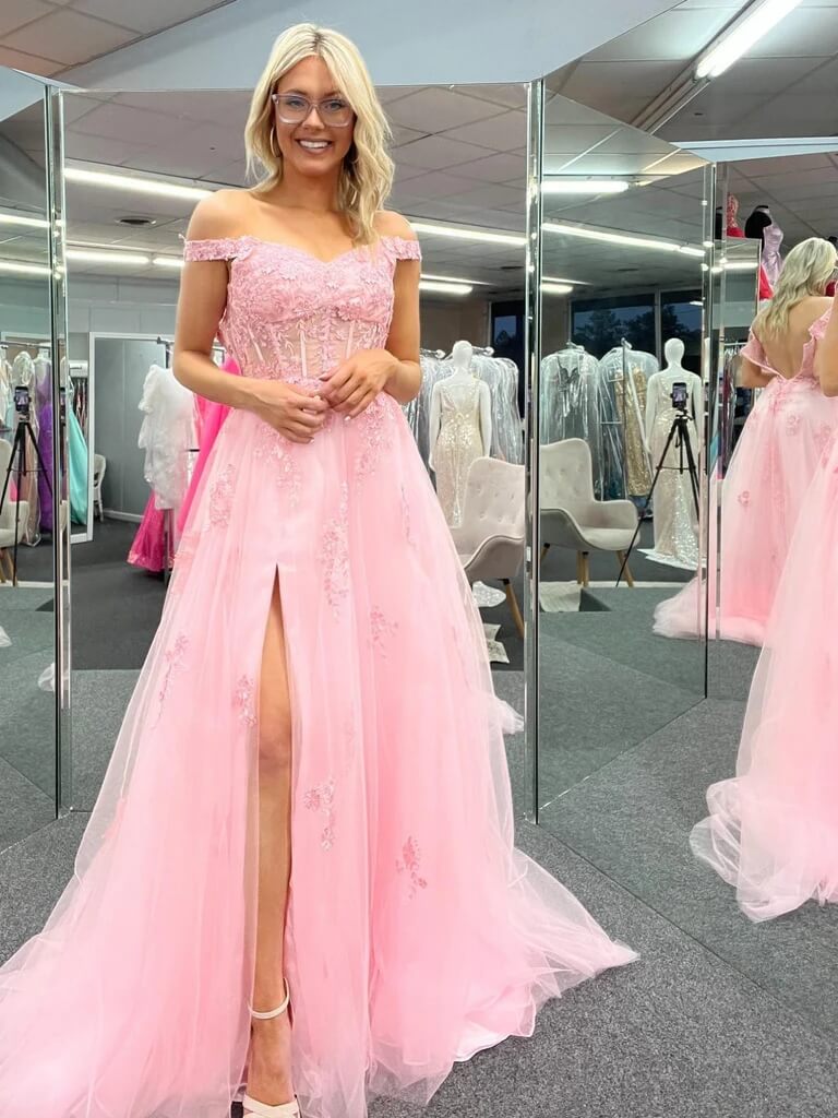 Cheap Off Shoulder 2025 Pink Formal Dresses Lace Long Prom Dresses wit MyChicDress Cheap Off Shoulder 2025 Pink Formal Dresses Lace Long Prom Dresses wit MyChicDress