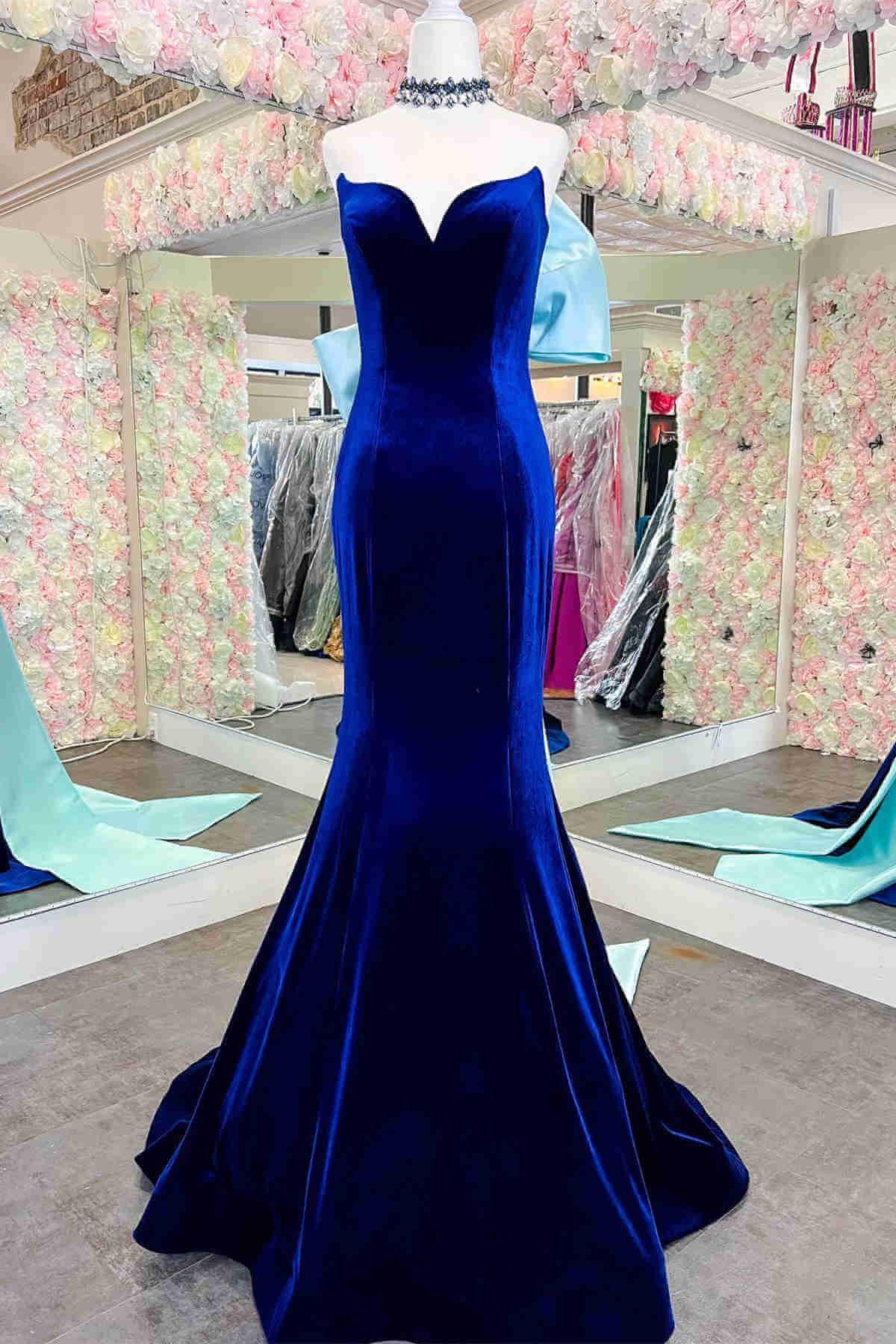 Cheap Royal Blue Velvet Prom Dresses 2025 Mermaid Fitted with Bow MyChicDress Cheap Royal Blue Velvet Prom Dresses 2025 Mermaid Fitted with Bow MyChicDress