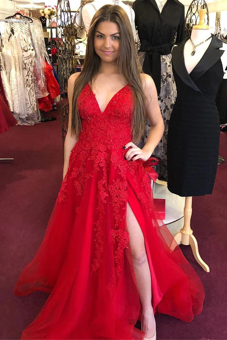 Cheap V Neck Red Prom Dresses A-Line Appliqued Long Lace Evening Dress Cheap V Neck Red Prom Dresses A-Line Appliqued Long Lace Evening Dress
