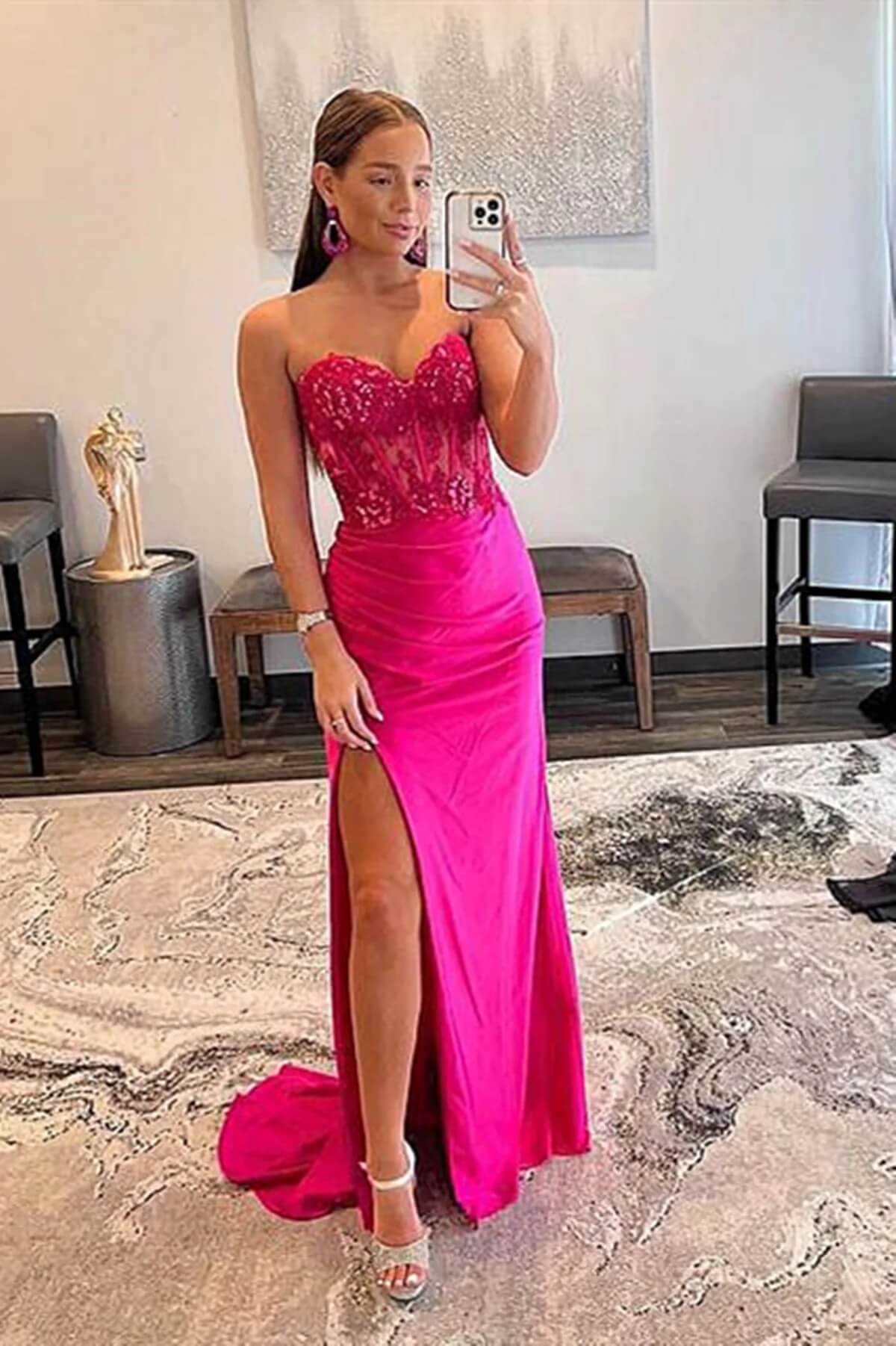 Long Mermaid Red Prom Dress 2024 Spaghetti Straps Appliques with Slit –  MyChicDress