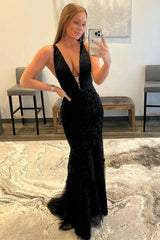 Cheap 2024 Long Black Lace Prom Dresses V Neck Backless Mermaid Formal Dresses