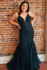 2024 Cheap Long Mermaid Black Prom Dresses Appliques Formal Dress with Cutout Back