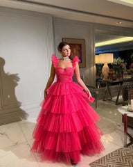 Cheap Pink Tulle 2024 Prom Dresses Ruffle Sleeveless Long Formal Evening Dress