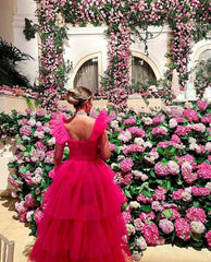 Cheap Pink Tulle 2024 Prom Dresses Ruffle Sleeveless Long Formal Evening Dress