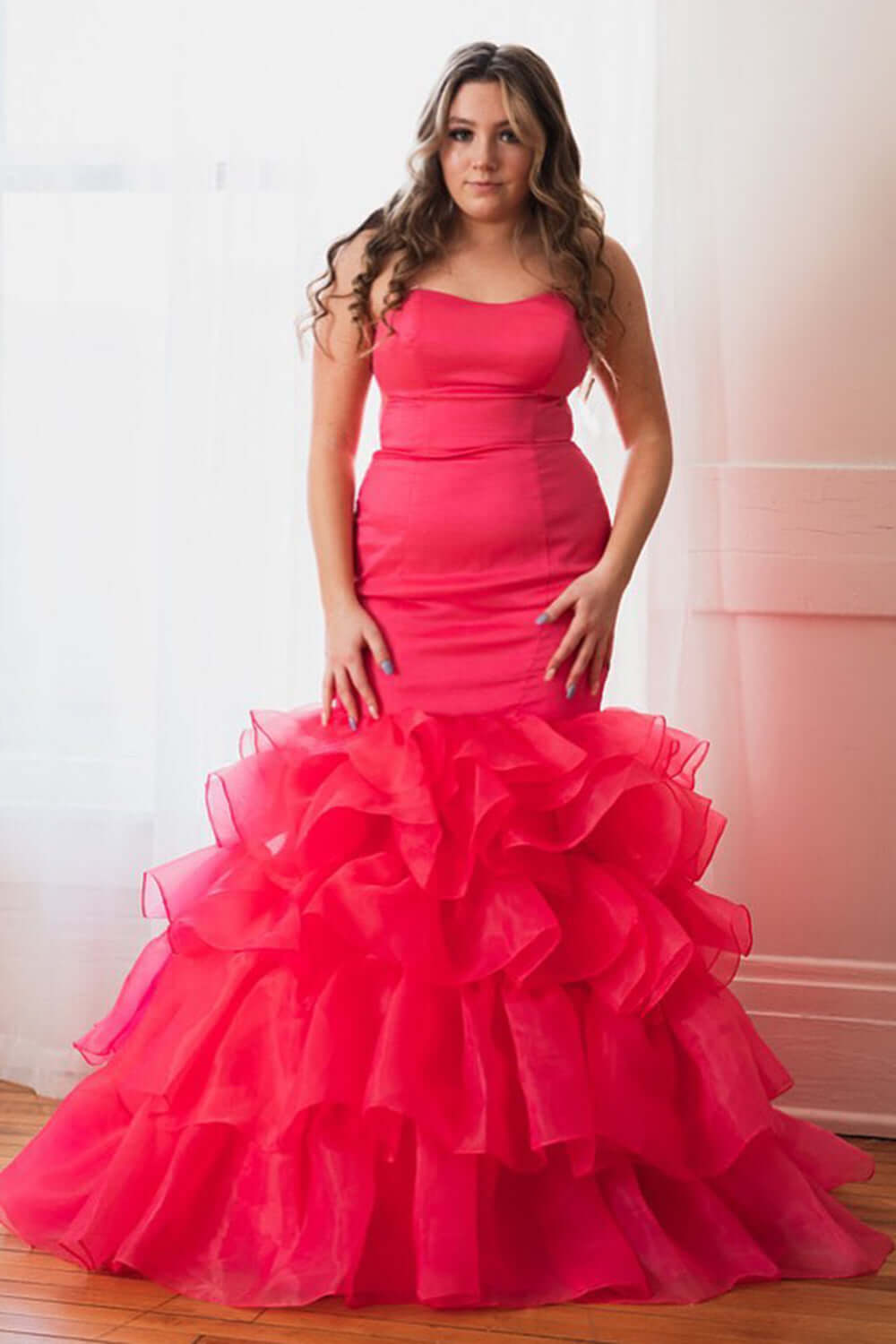 Cheap Plus Size Hot Pink Prom Dresses Long Satin Mermaid Evening