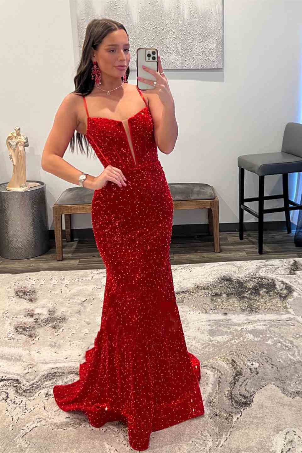Cheap Red Sequins Mermaid Prom Dresses 2024 Straps Plunging Neck