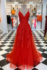 Cheap V Neck 2024 Red Prom Dresses A-Line Appliqued Long Lace Evening Dress