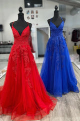 Cheap V Neck 2024 Red Prom Dresses A-Line Appliqued Long Lace Evening Dress