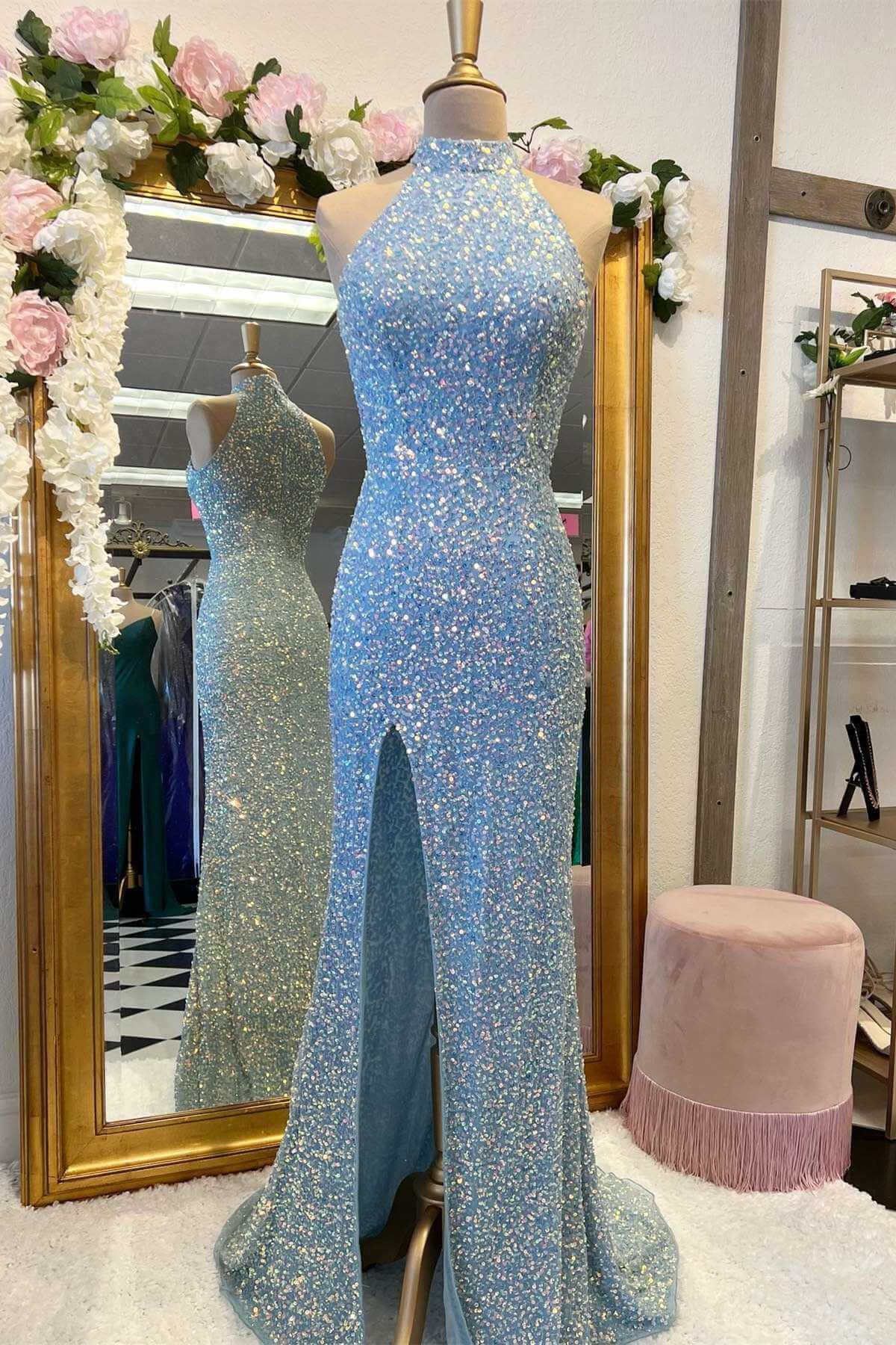 Custom Blue Sequin Prom Dresses Mermaid Halter Long Formal Dress