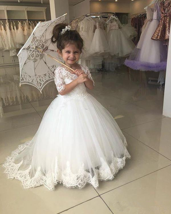 Cute Lace Flower Girl Dresses Half Sleeves Wedding Girl Dress with