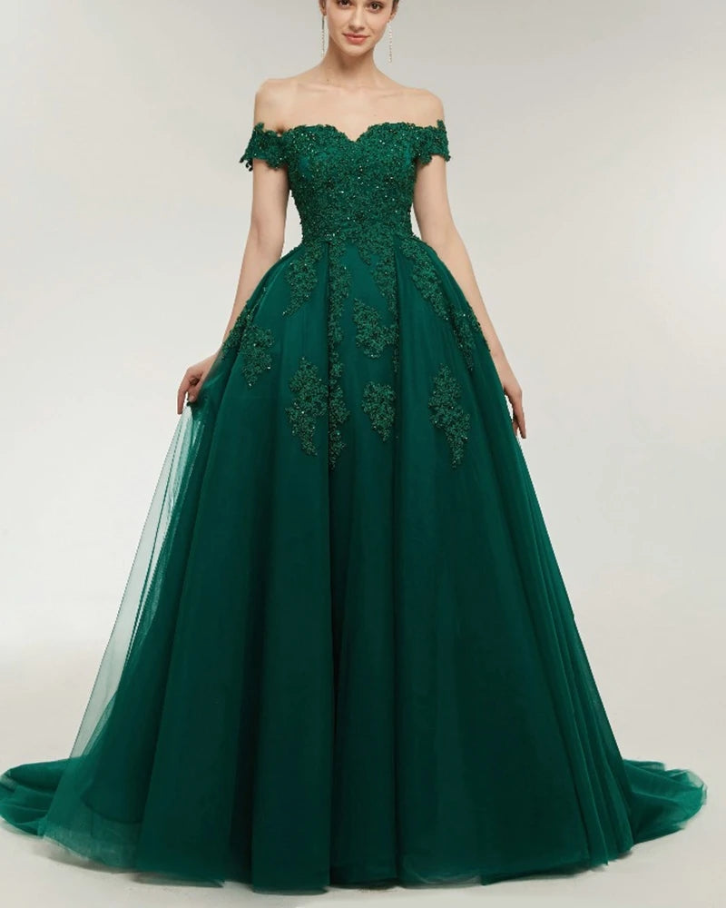 Dark Green Lace Ball Gown Prom Dresses Off the Shoulder Formal