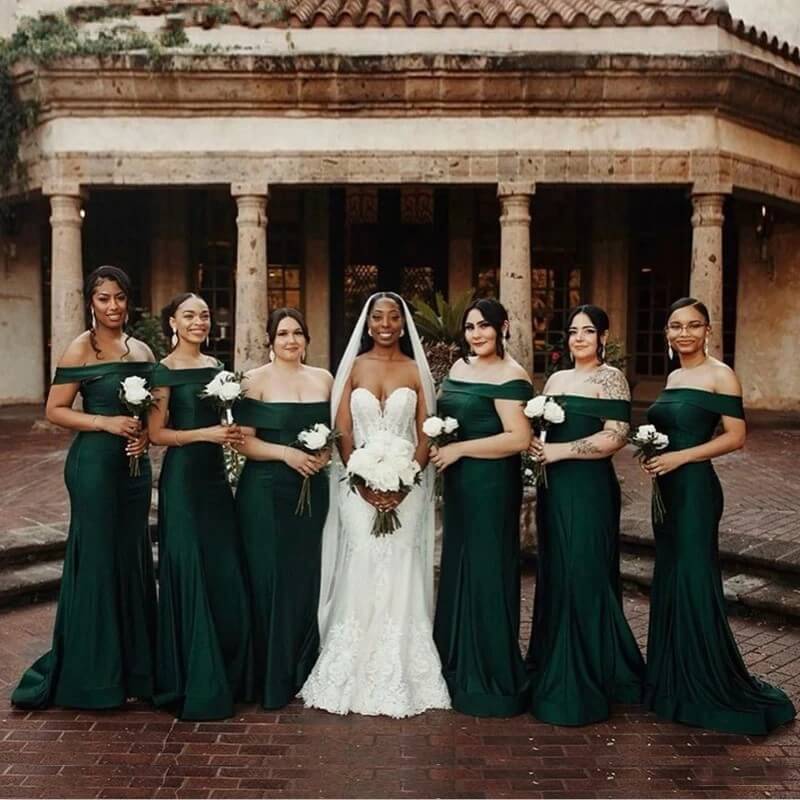 Cheap Dark Green Bridesmaid Dresses Off Shoulder Long Wedding
