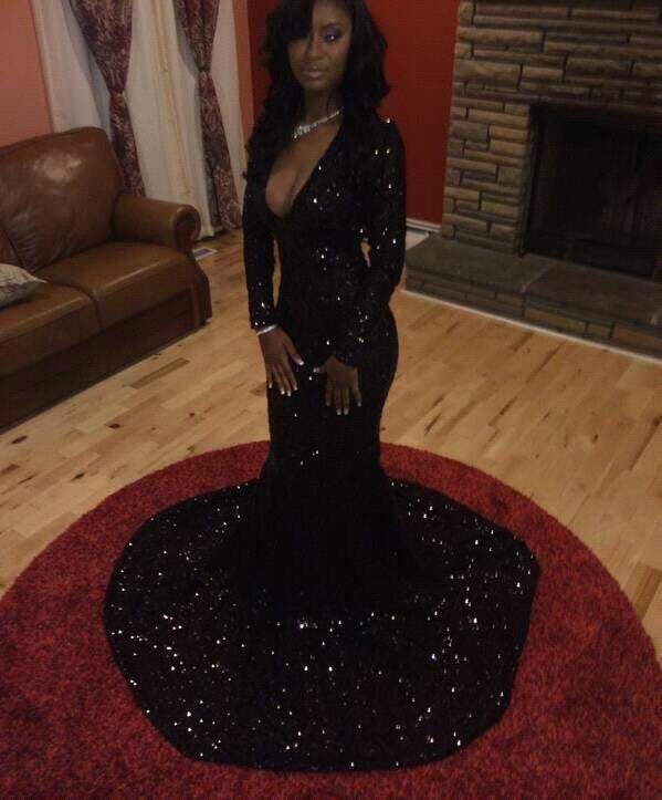 Deep V-neck Mermaid Black Sequin Prom Dresses Custom Color / No Split / US12 Deep V-neck Mermaid Black Sequin Prom Dresses Custom Color / No Split / US12