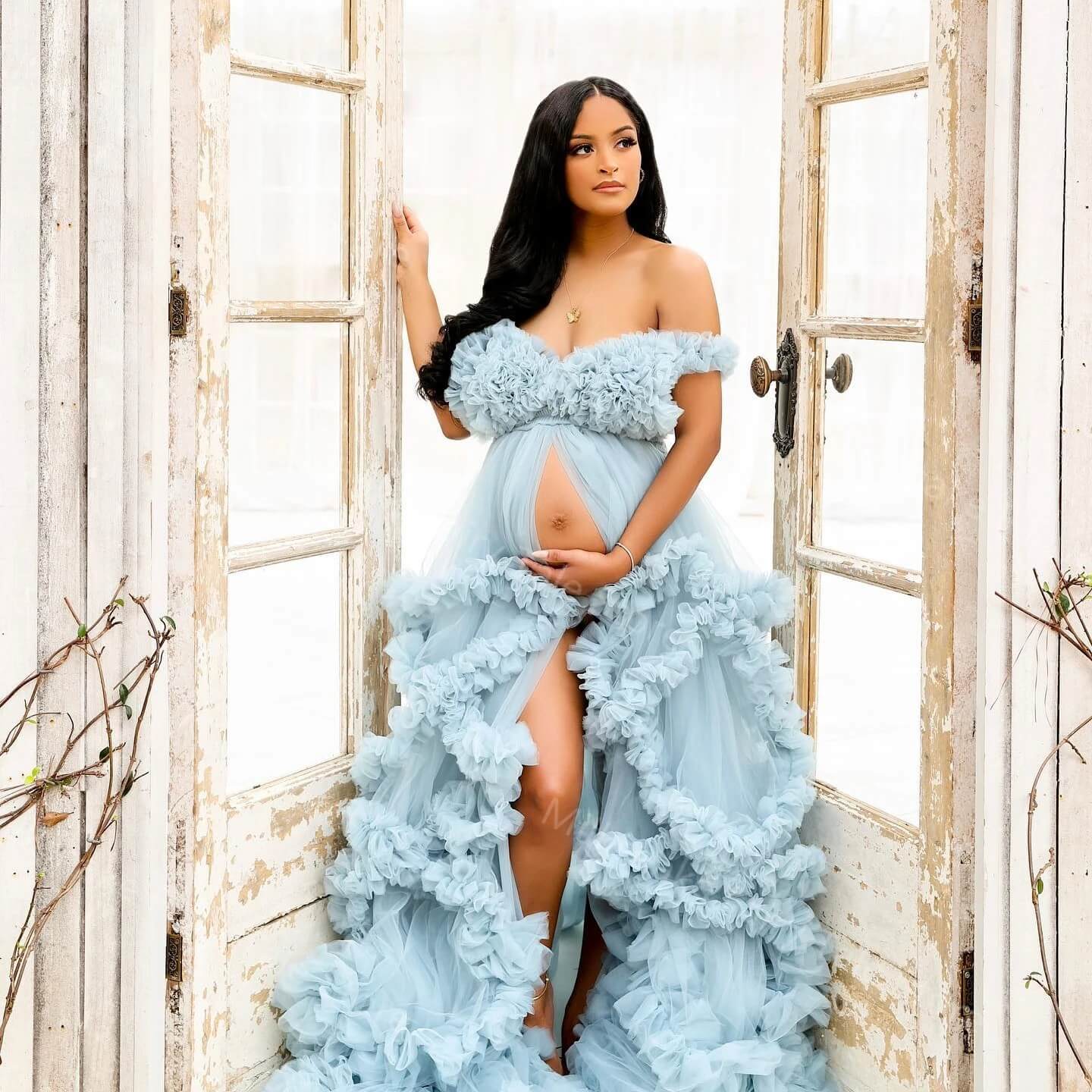 Dusty Blue Ruffles Puffy Tulle Maternity Robe Tulle Pregnant Photo Shoot Robes Dusty Blue / US6 Dusty Blue Ruffles Puffy Tulle Maternity Robe Tulle Pregnant Photo Shoot Robes Dusty Blue / US6