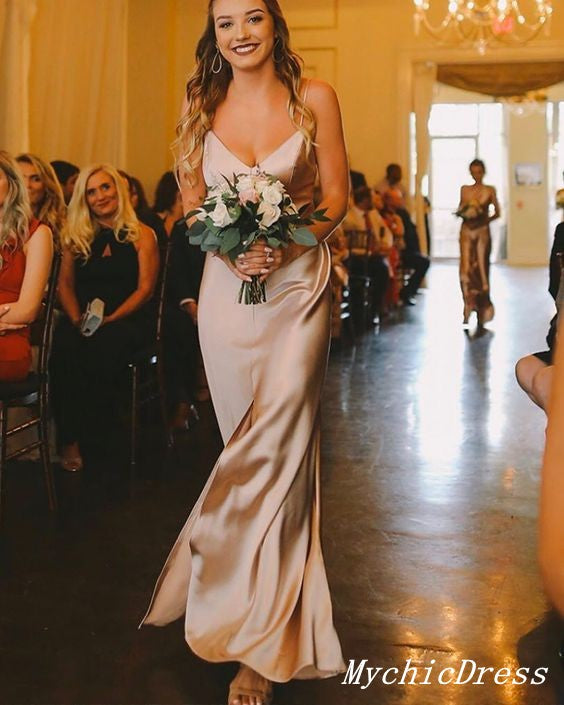 Elegant Champagne Wedding Guest Dresses Sheath Silk Satin Bridesmaid Dresses US20W / Custom Color Elegant Champagne Wedding Guest Dresses Sheath Silk Satin Bridesmaid Dresses US20W / Custom Color