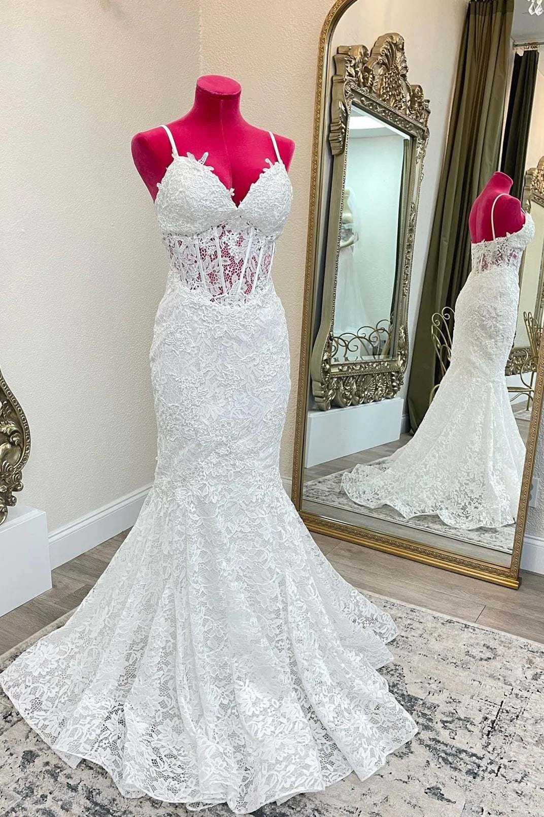 Elegant Lace White Wedding Dresses Long Mermaid Spaghetti Straps Bridal Wear Custom Size / White Elegant Lace White Wedding Dresses Long Mermaid Spaghetti Straps Bridal Wear Custom Size / White
