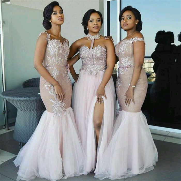 Elegant Pink Tulle Mermaid Cheap Lace Bridesmaid Dresses Appliques Elegant Pink Tulle Mermaid Cheap Lace Bridesmaid Dresses Appliques