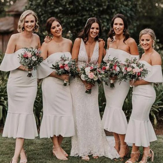 Elegant Tea-Length Mermaid Off the Shoulder Bridesmaid Dress US22W / Custom Color Elegant Tea-Length Mermaid Off the Shoulder Bridesmaid Dress US22W / Custom Color