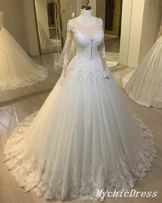 Elegant Modest Lace Long Sleeves Wedding Dresses Ball Gown Winter Bridal Dress US4 / White Elegant Modest Lace Long Sleeves Wedding Dresses Ball Gown Winter Bridal Dress US4 / White