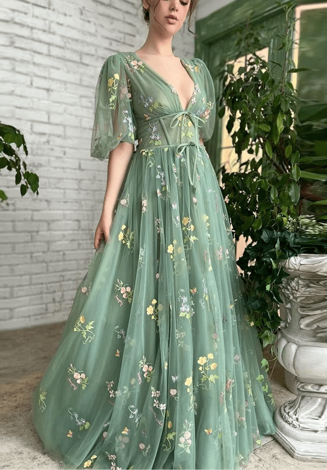 Embroidered Sage Green Prom Dresses Floral Half Sleeves Flower