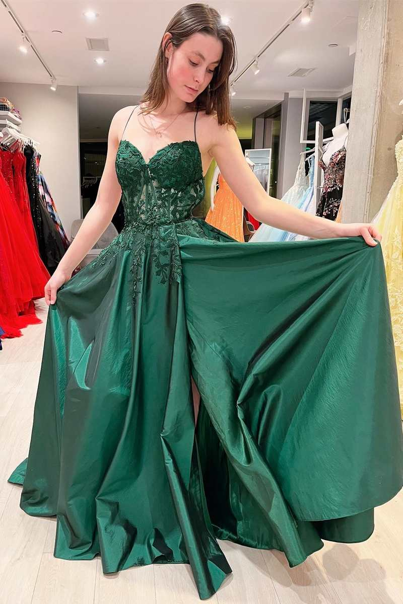 Emerald Green Prom Dresses A Line Lace Satin Evening Dress UK Graduation Dress MyChicDress