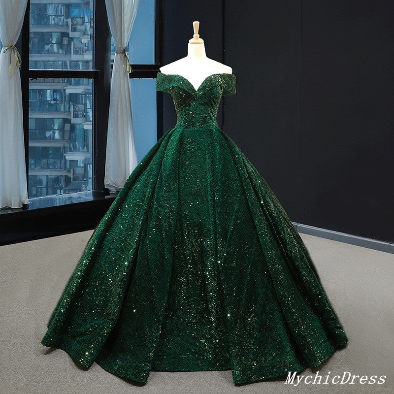 Emerald Green Quinceanera Dresses Sequin Ball Gown Off the Shoulder Wedding Dress Emerald Green / US14W Emerald Green Quinceanera Dresses Sequin Ball Gown Off the Shoulder Wedding Dress Emerald Green / US14W