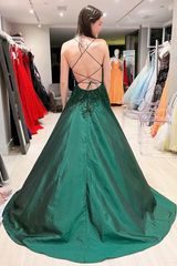 Emerald Green Prom Dresses A-Line Lace Satin Evening Dress UK Graduation Dress