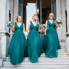 Fall V Neck Emerald Wedding Guest Dresses 2024 Tulle Bridesmaid Dresses