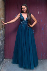 Floor Length Blue Lace Tulle Prom Dresses V Neck Long Formal Dress MyChicDress