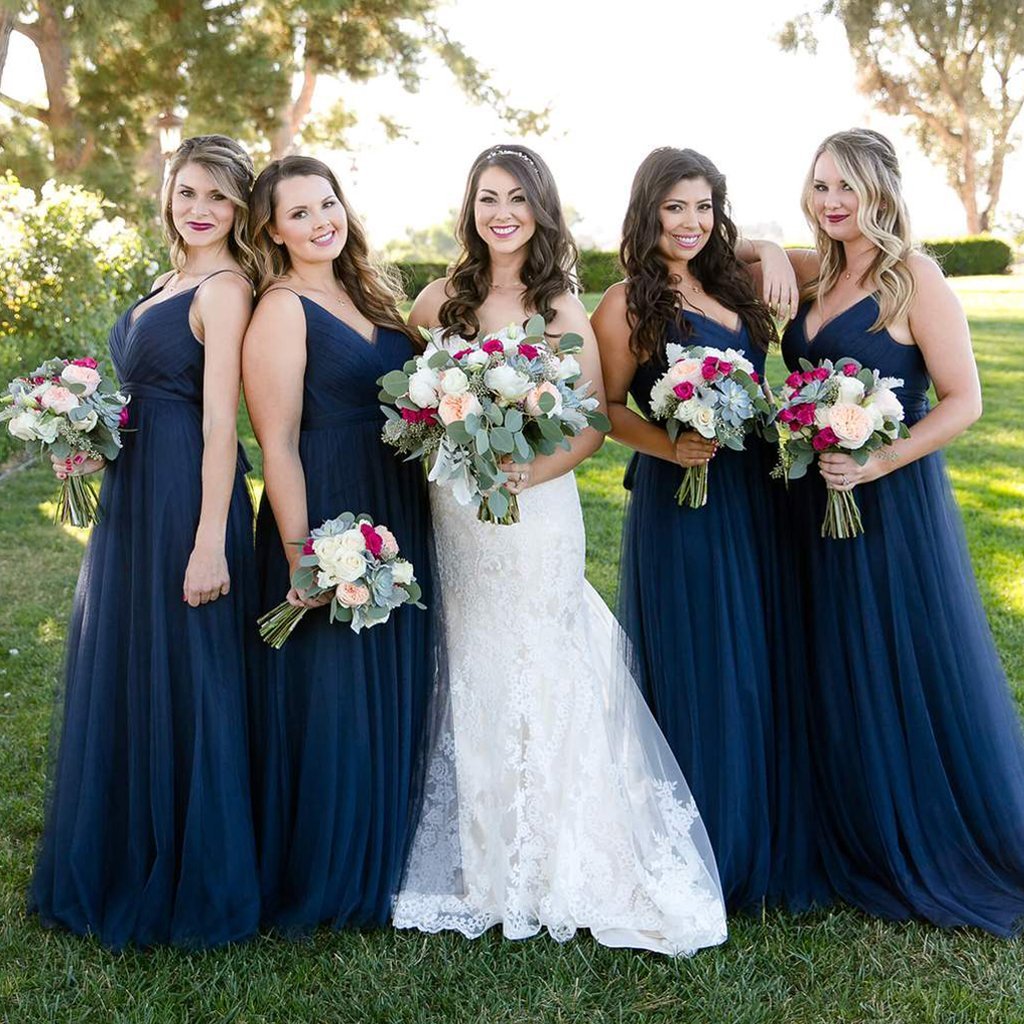 Floor-Length Tulle Navy Blue Bridesmaid Dresses V Neck Dress US16W / Custom Color Floor-Length Tulle Navy Blue Bridesmaid Dresses V Neck Dress US16W / Custom Color