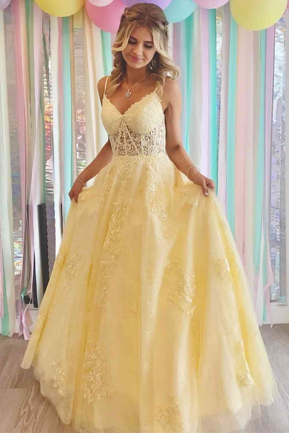 Yellow V-Neck Lace Long Prom Dress, A-Line Backless Evening Dress US 2 / Custom Color Yellow V-Neck Lace Long Prom Dress, A-Line Backless Evening Dress US 2 / Custom Color