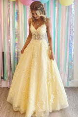 Floor Length Yellow Prom Dresses Lace V-Neck 2024 Long Formal Dresses