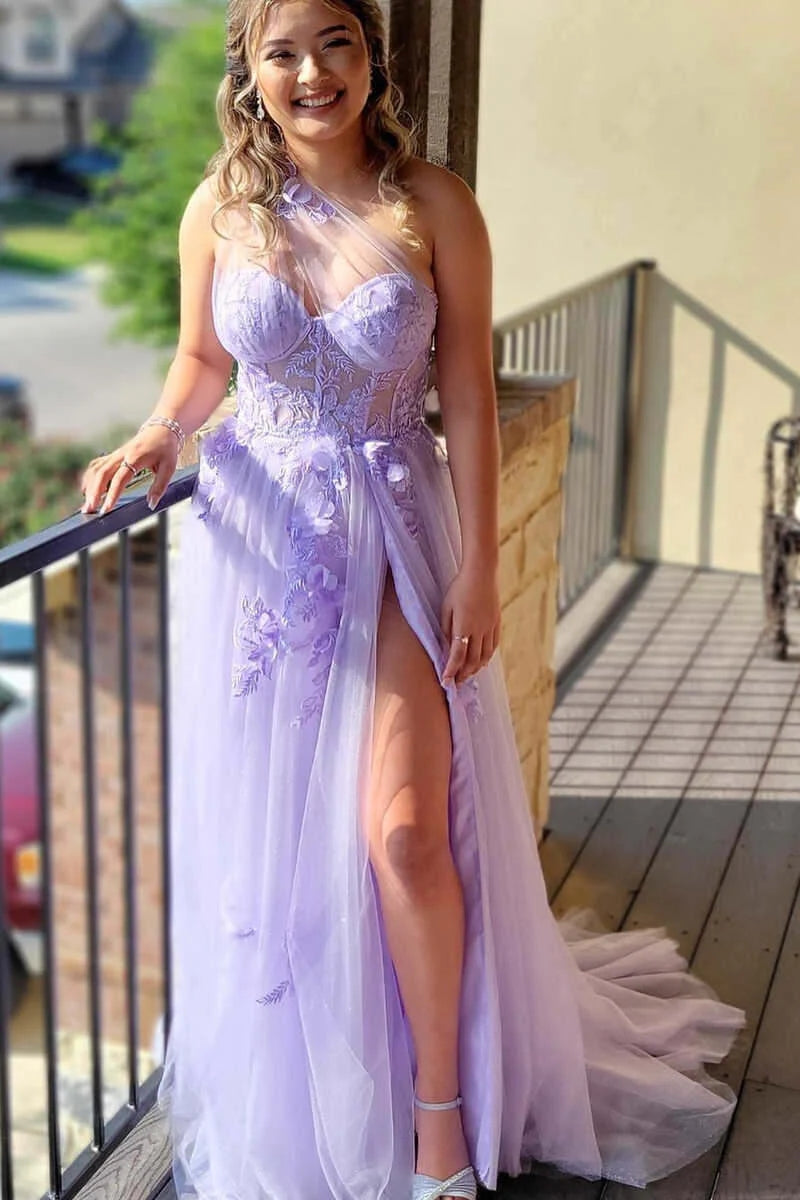 Lavender One Shoulder Appliques Lace Prom Dress