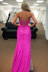 Fuchsia Sequins Long Prom Dresses 2024 Strapless Lace-Up Back with Slit