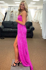 Fuchsia Sequins Long Prom Dresses 2024 Strapless Lace-Up Back with Slit