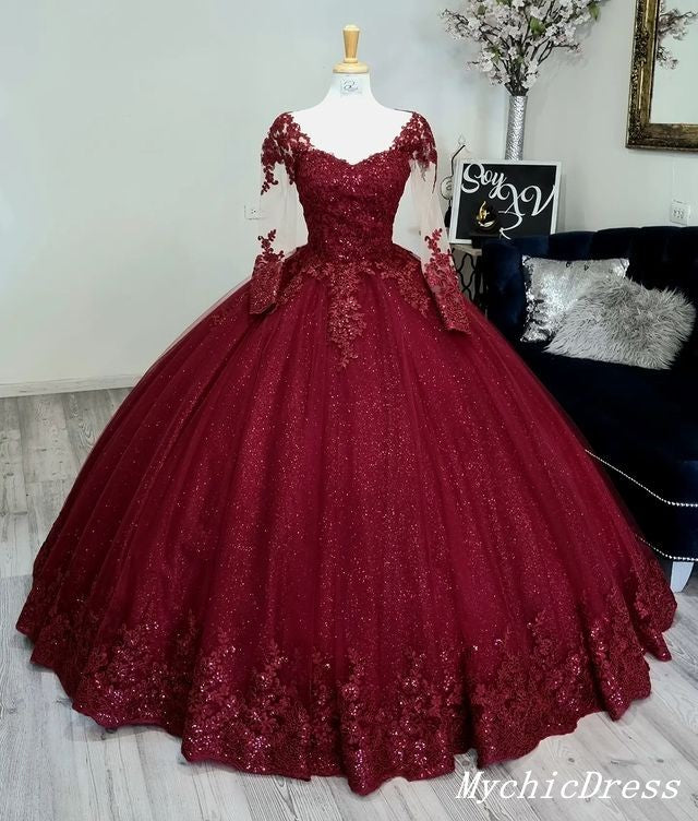Long Sleeve Burgundy Sweet 16 Dresses Glitter Long Sleeve Princess Wine Quinceanera Dresses Embellished Sweet 16 Dress US18W Custom Color Long Sleeve Burgundy Sweet 16 Dresses Glitter Long Sleeve Princess Wine Quinceanera Dresses Embellished Sweet 16 Dress US18W Custom Color