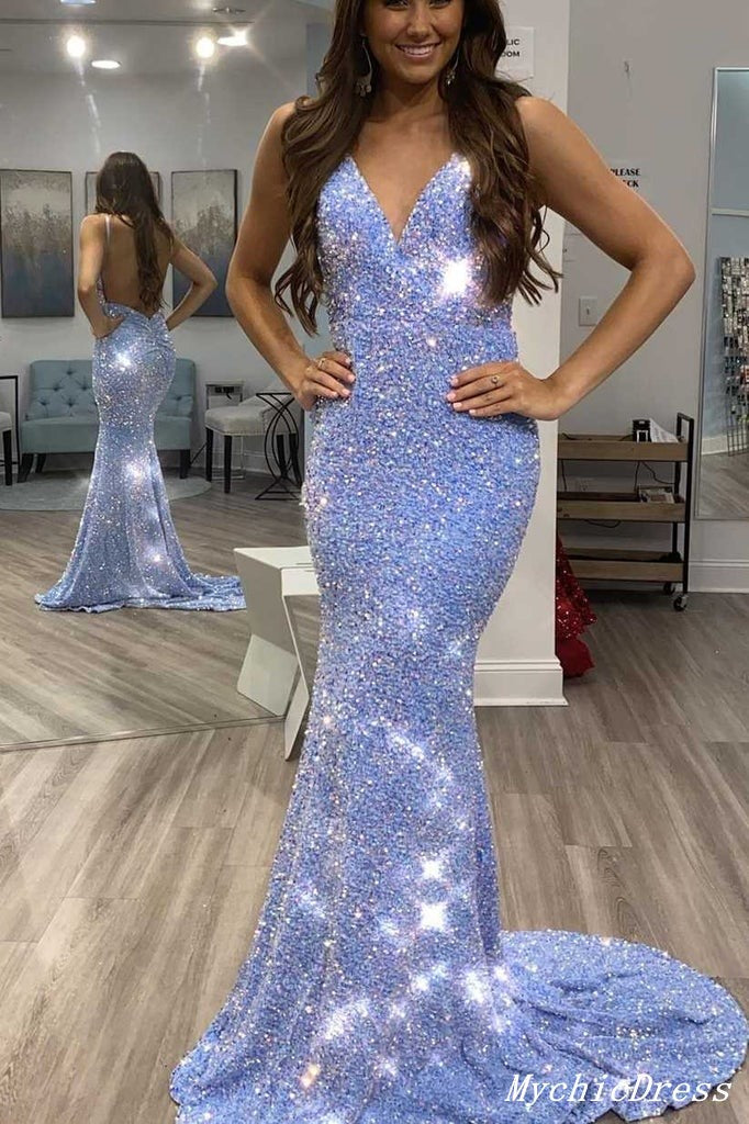 Glitter Mermaid V Neck Long Sequin Prom Dresses Open Back Blue / US2 Glitter Mermaid V Neck Long Sequin Prom Dresses Open Back Blue / US2
